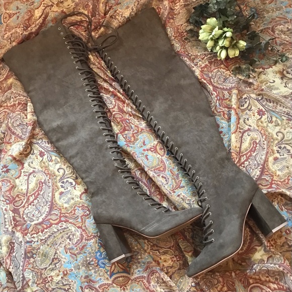 Forever 21 Shoes - NIB F21 Over the Knee lace up boots. Taupe faux suede. Size 9
